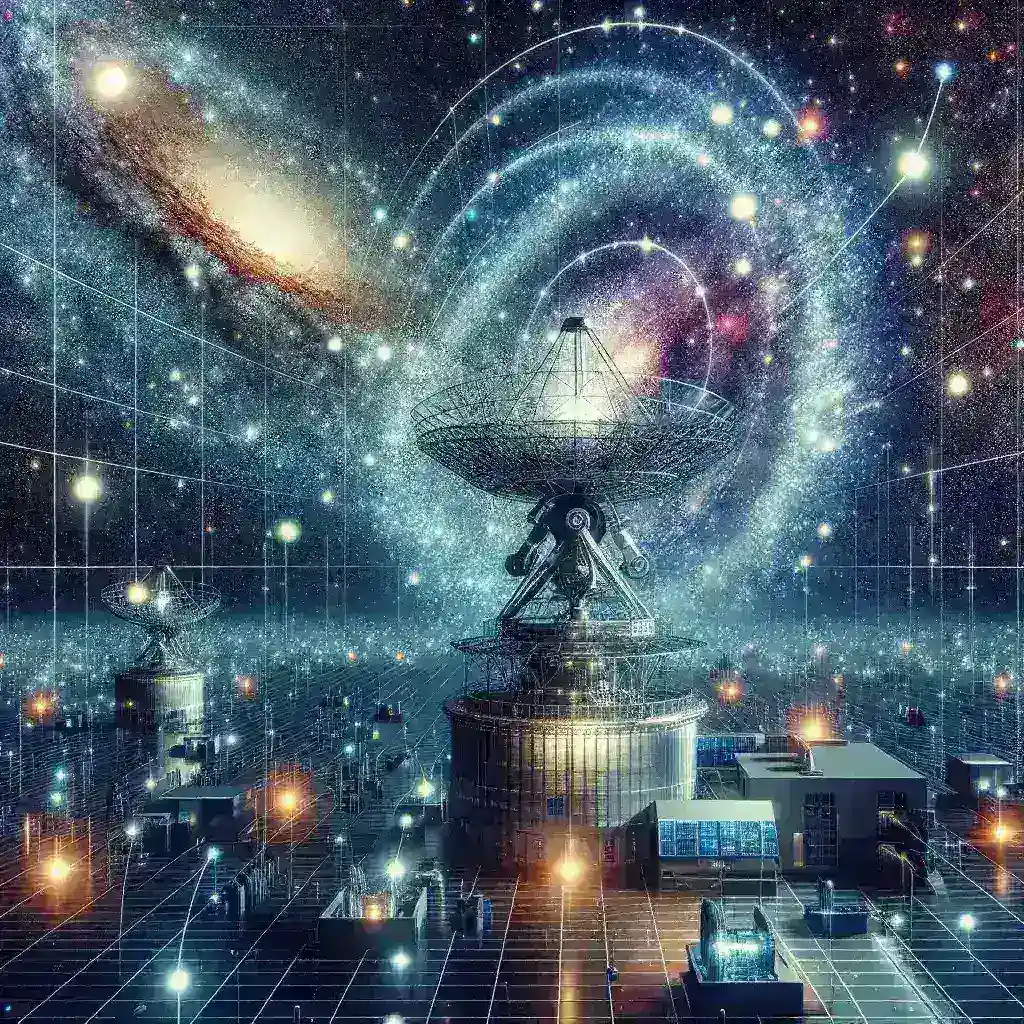 "AI enhanced observatory demonstrating advanced simulation techniques for analyzing the effects of dark energy on the expansion of the universe, showcasing high-tech equipment and astrophysical data visualizations."